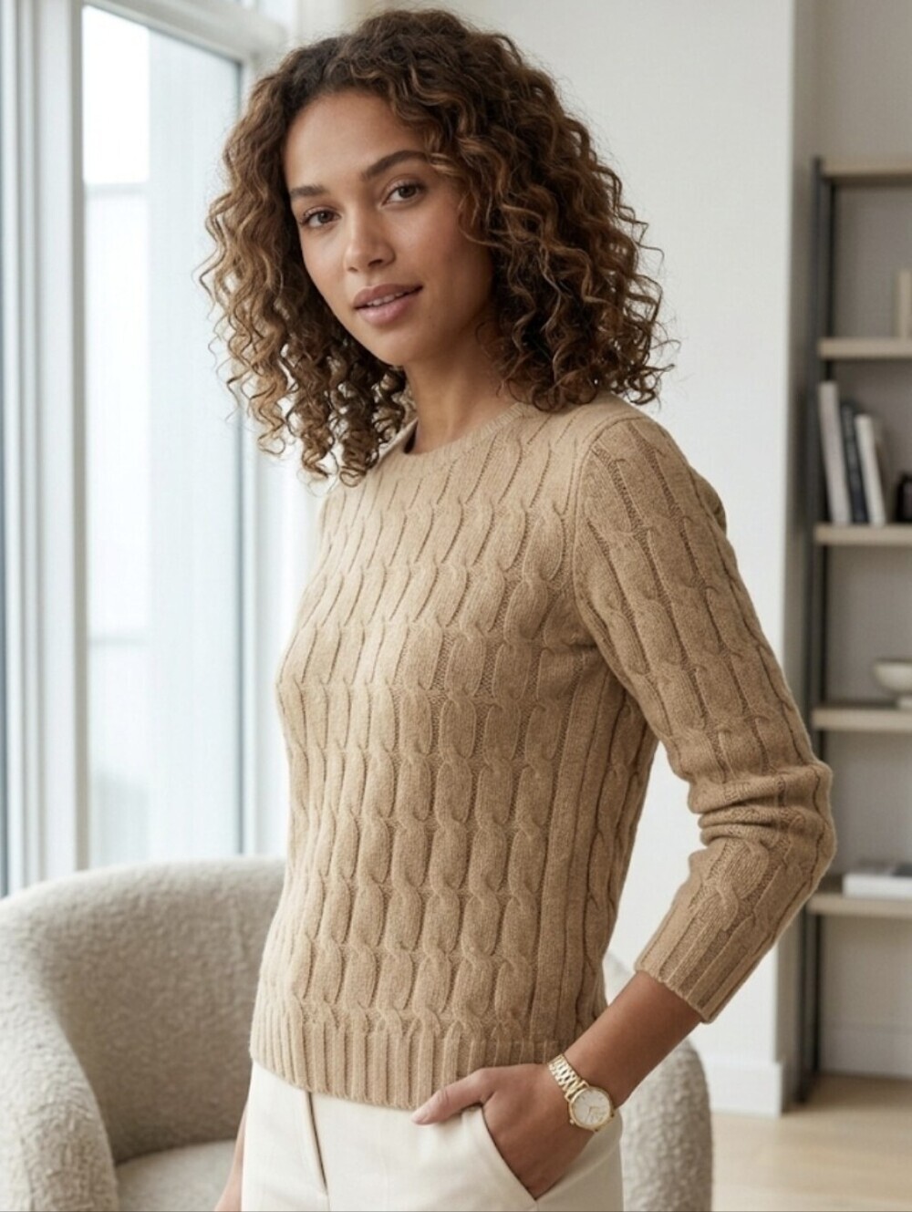 Vintage GAP Lambswool Cable Knit Fisherman ​Crewneck Sweater Tan Medium